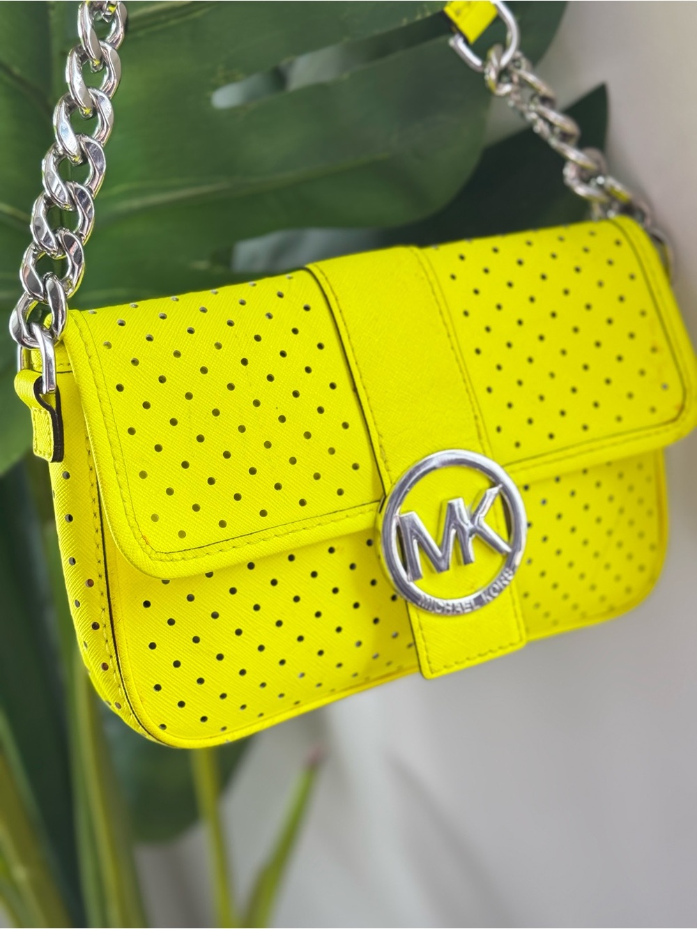 Michael Kors Neon Yellow Perforated Crossbody with Silver MK Emblem